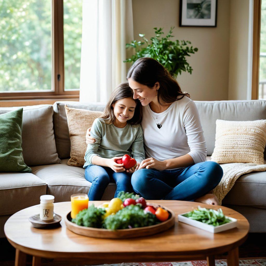 A serene family scene in a cozy living room, showcasing a smiling parent and child sharing a moment with Inmunocal supplements on a wooden coffee table. Soft, natural lighting filters through a window adorned with greenery, symbolizing holistic health. Adding visual elements like a heart shape formed from various fruits and vegetables to represent nutrition and attachment. The atmosphere is warm and inviting, emphasizing comfort and care. super-realistic. vibrant colors. soft focus.