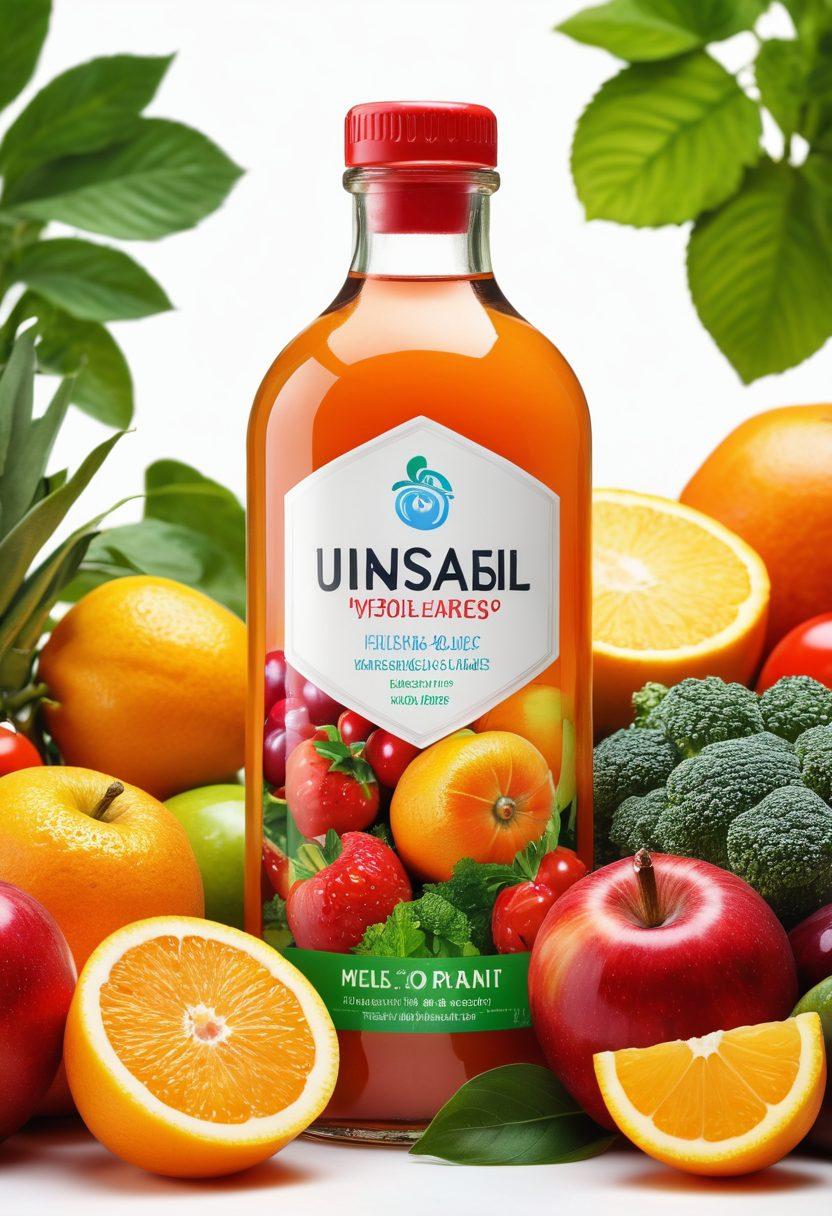 A vibrant composition featuring a bottle of Inmunocal surrounded by fresh fruits and vegetables, symbolizing health and vitality. Include an artistic representation of a strong immune system, like glowing shield graphics and healthy cells in the background. The setting should be bright and inviting, with a hint of natural elements such as leaves or sunlight filtering through. Colors should be lively and energizing. super-realistic. vibrant colors. white background.