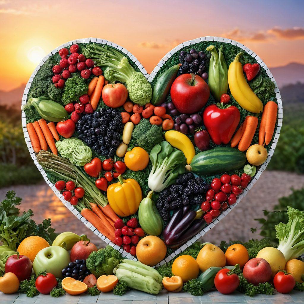 A serene, heart-shaped mosaic made of vibrant fruits and vegetables, symbolizing health and wellness. In the background, a gentle sunrise illuminates a peaceful landscape, suggesting hope and nurturing. Include subtle elements like a small bottle of Inmunocal products blended into the scene, along with hands cradling a heart. The overall atmosphere should evoke feelings of love, care, and vitality. super-realistic. vibrant colors. soft focus.